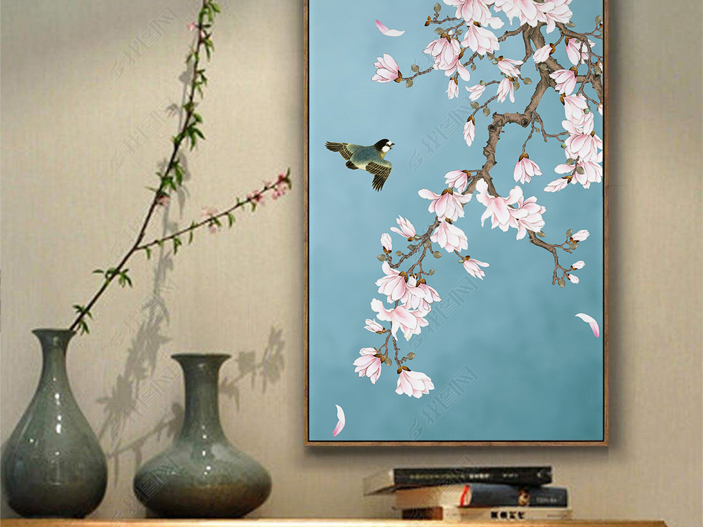 手绘玉兰花工笔花鸟新中式玄关背景墙装饰画