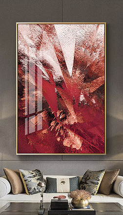 北欧立体玫红色金箔抽象几何油画晶瓷客厅装饰画