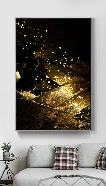 原创现代简约抽象轻奢黑金线条笔触金粉客厅装饰画版权可商用