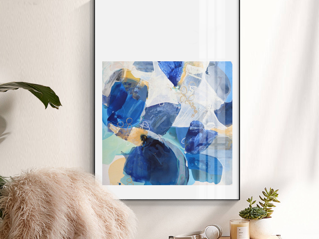 北欧简约手绘蓝色水彩水墨抽象色块艺术装饰画无框画