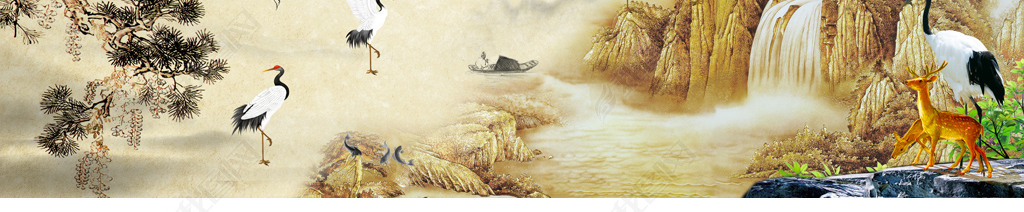 海纳百川中式水墨画古典复古电视背景墙