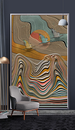 新中式抽象艺术创意线条山水北欧玄关装饰画