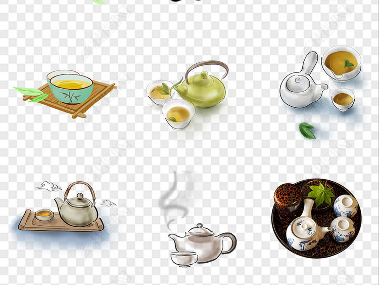 茶壶茶叶茶具茶杯中国风古风手绘png素材