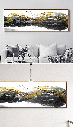 新中式黑白水墨意境山水画金色线条抽象画