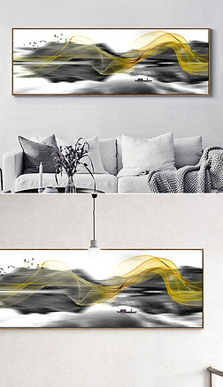 新中式创意山水画黑白意境山水横幅装饰画