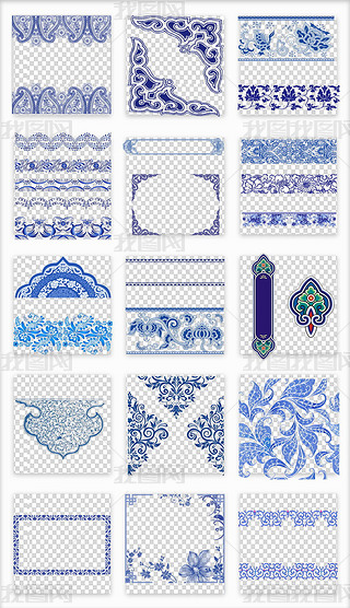 中国风中式古典青花瓷花纹花纹边框背景png素材