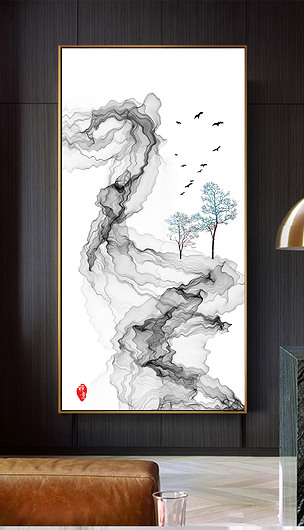 原创新中式简约抽象水墨画抽象意境山水客厅挂画