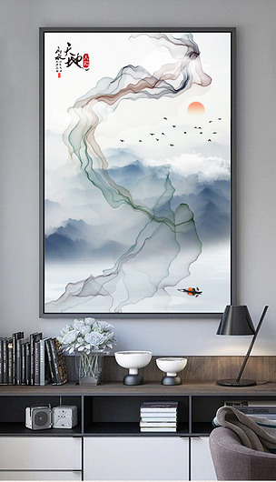 现代简约新中式抽象意境线条山水画风景装饰画