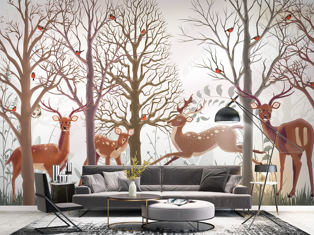 原创手绘北欧森林麋鹿现代简约电视背景墙壁画
