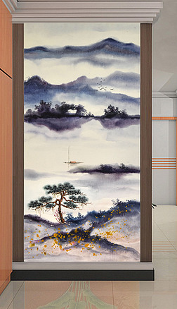 手绘水墨艺术山水油画玄关