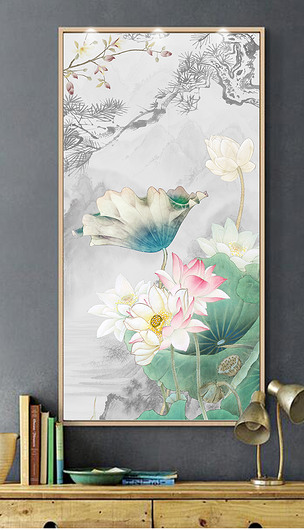 荷花新中式意境抽象水墨山水玄关背景墙壁画