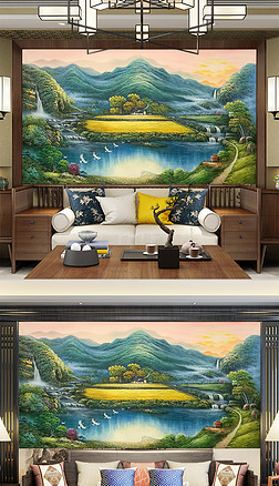 山水风景装饰画壁画油菜花聚宝盆