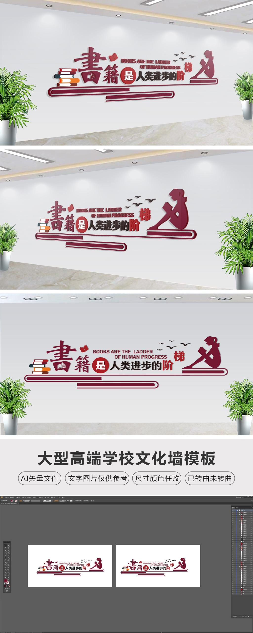 原创书籍是人类进步的阶梯图书室阅览室文化墙-版权可商用