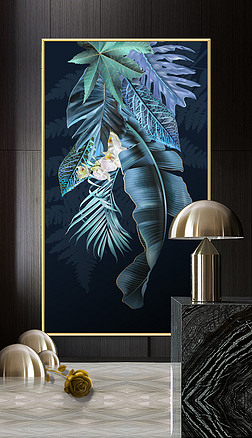 简约现代金树叶玄关装饰画|轻奢现代简约金色芭蕉叶装饰画晶瓷画玄关