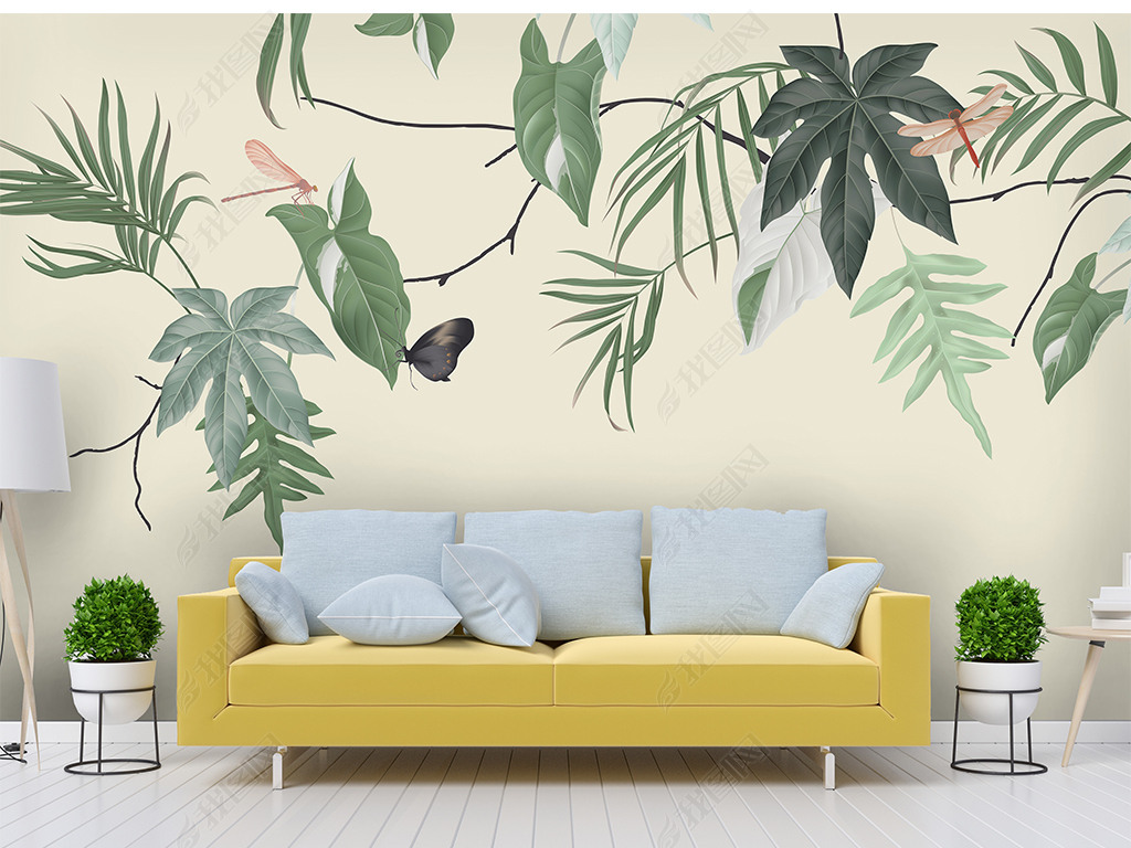 北欧手绘小清新中世纪热带植物花鸟背景壁画