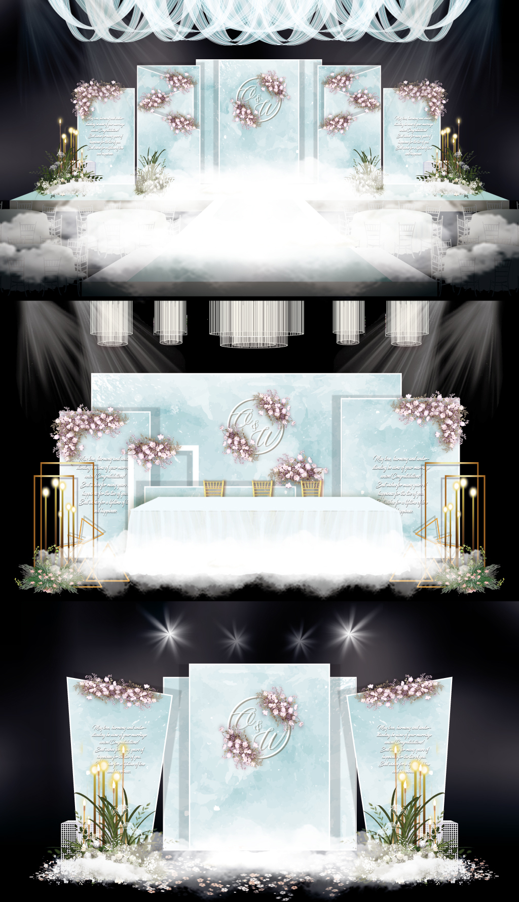 原创蒂芙尼蓝色韩式婚礼效果图设计轻奢婚庆舞台背景-版权可商用