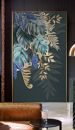 轻奢现代简约金色芭蕉叶装饰画晶瓷画玄关装饰画