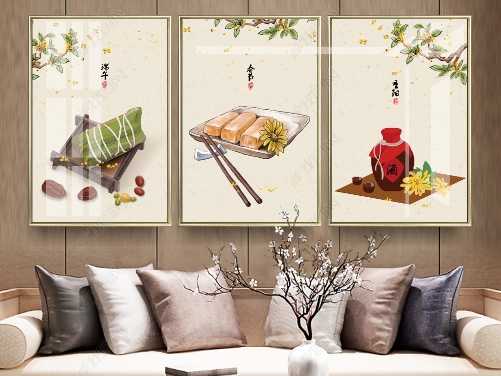 新中式民俗古风手绘桂花端午重阳节气食材装饰画