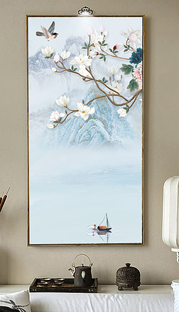 高清玄关花鸟国画山水意境背景装饰画