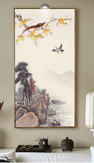 原创精品玄关花鸟国画山水意境背景装饰画