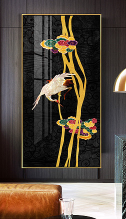 新中式祥云仙鹤玄关装饰画晶瓷画