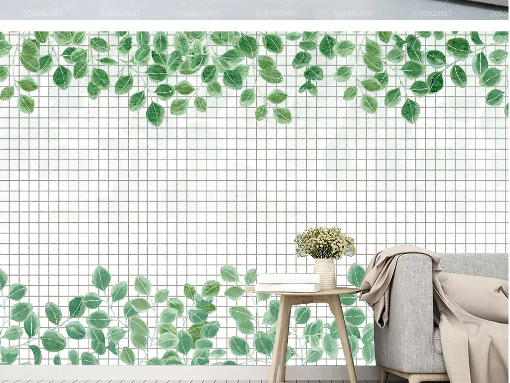 北欧手绘ins网红小清新绿色叶子格子壁纸