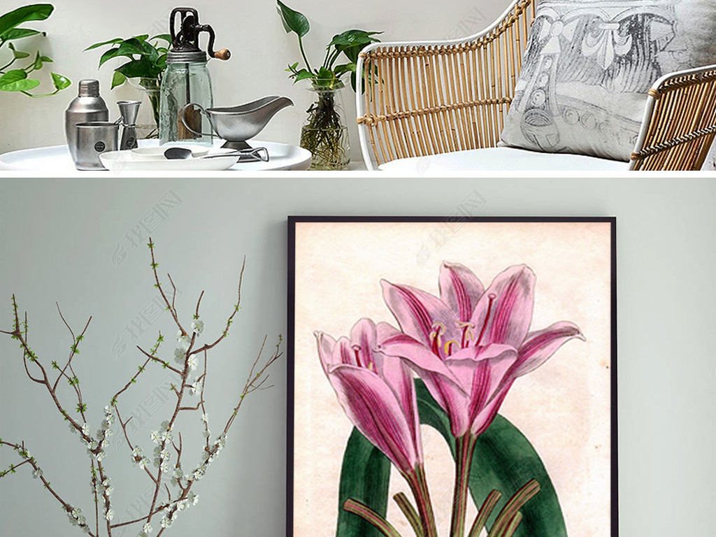 多联手绘植物花卉装饰画