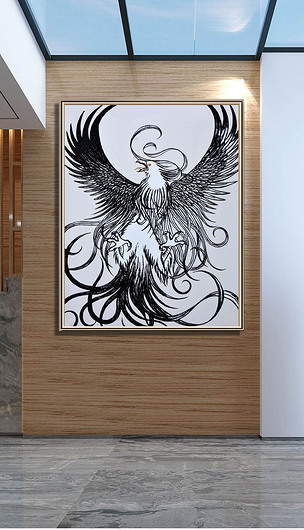 黑白线孔雀客厅装饰画