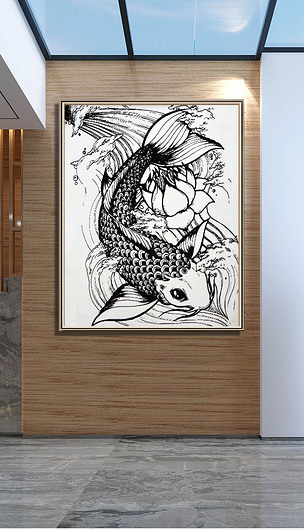 黑白线条年年有余客厅装饰画