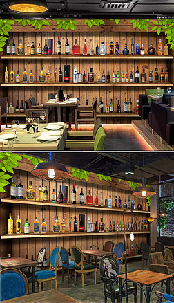 现代简约3d立体酒柜酒瓶酒吧台工装壁画背景墙
