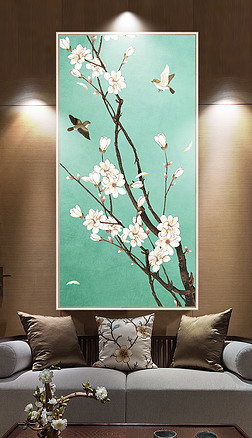 新中式手绘工笔花鸟白玉兰玄关背景墙装饰画