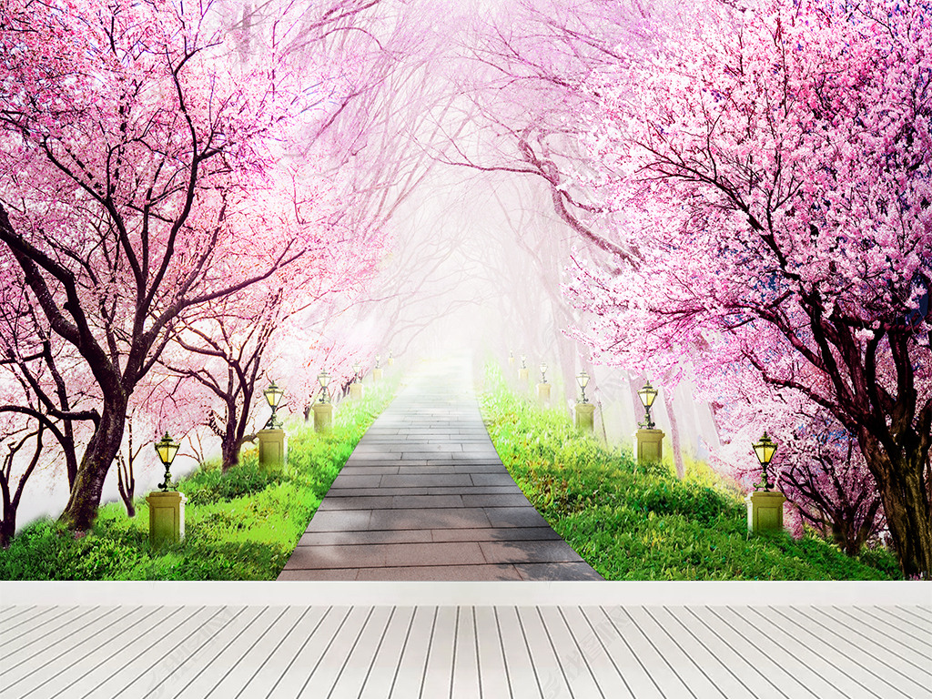 浪漫樱花森林石板路的尽头背景墙壁画墙布