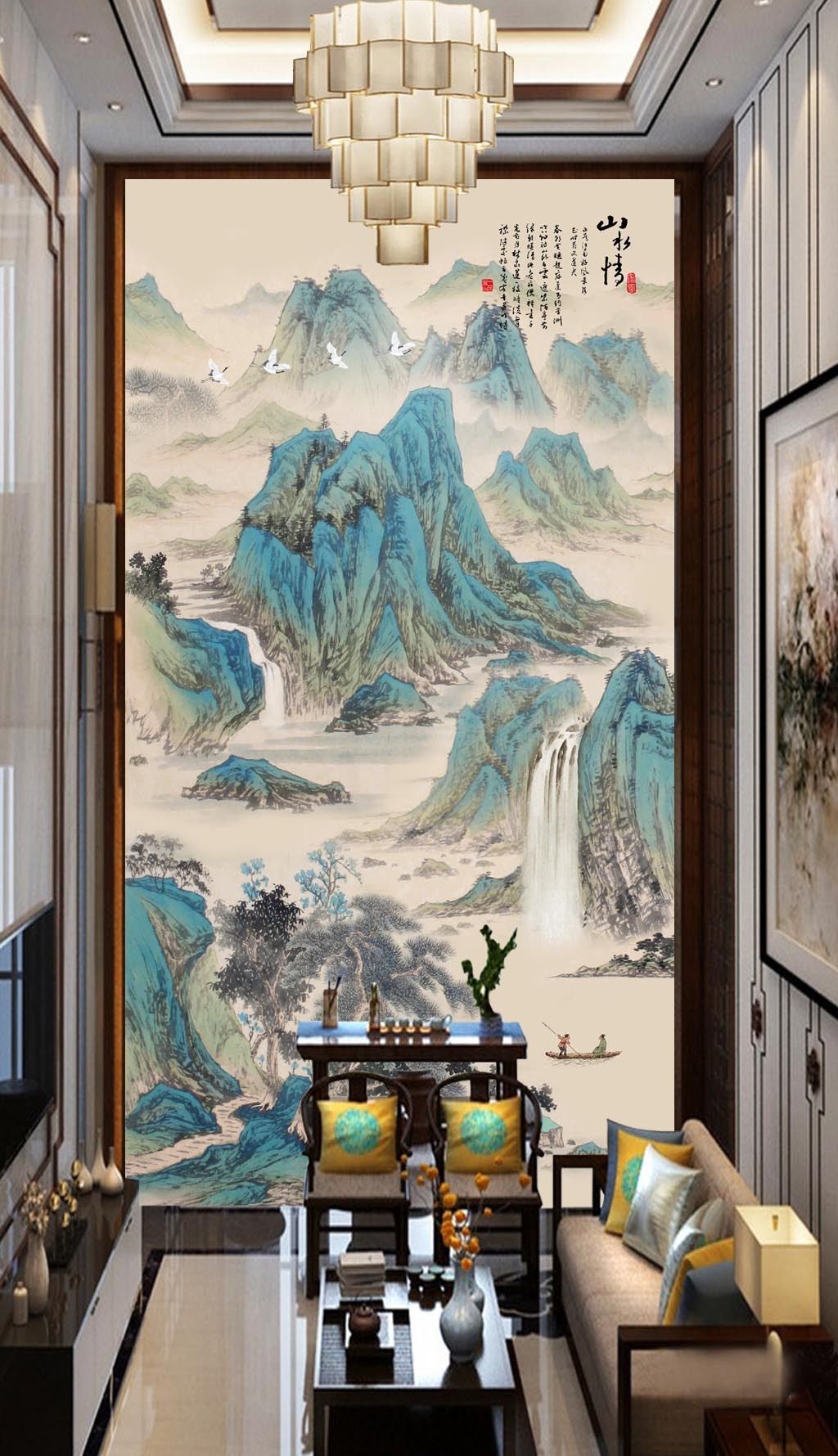 山水情新中式国画山水玄关背景墙下载-编号19198007-风景玄关-我图网