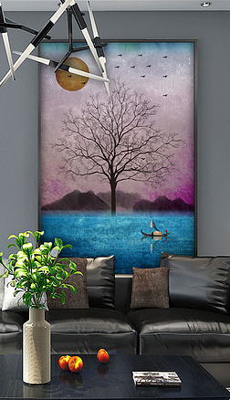 复古山水大树黑白剪影装饰画