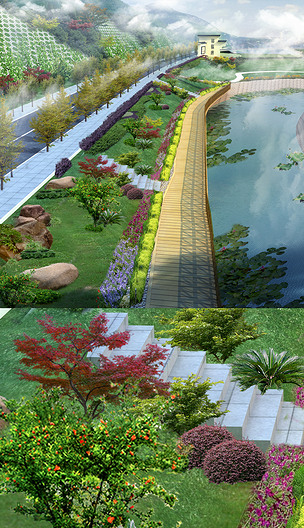 河堤绿化园林景观护坡效果图草地景墙高清