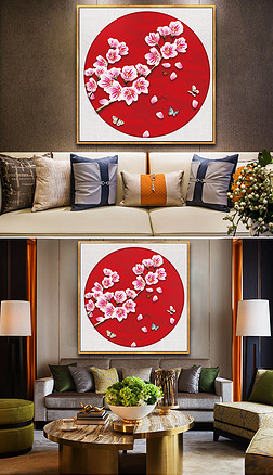 原创现代简约新中式红色桃花装饰画晶瓷画