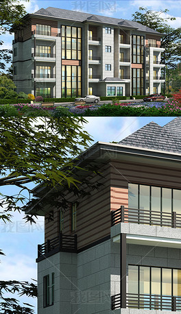 四层新中式坡屋顶别墅洋房立面外面效果图