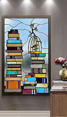 欧式风格玻璃彩绘书本花鸟客厅装饰画