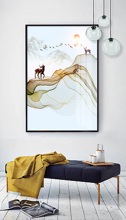 现代简约抽象黄金线条麋鹿水墨飞鸟装饰画