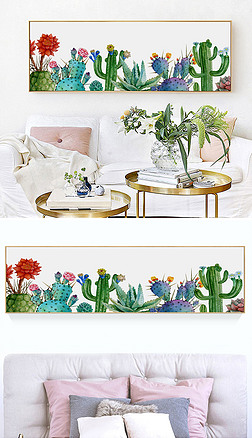 北欧抽象植物花卉仙人掌横幅挂画床头装饰画