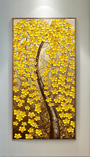 现代黄金发财树油画玄关装饰画