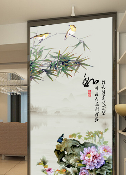 竹子牡丹图玄关背景墙下载-编号19273039-动物花鸟玄关-我图网