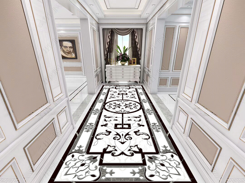 原创新中式高清大理石水刀过道走廊拼花