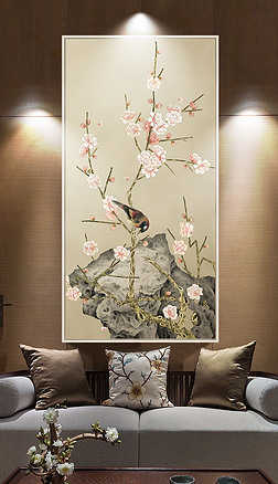 新中式手绘桃花工笔花鸟玄关背景墙装饰画