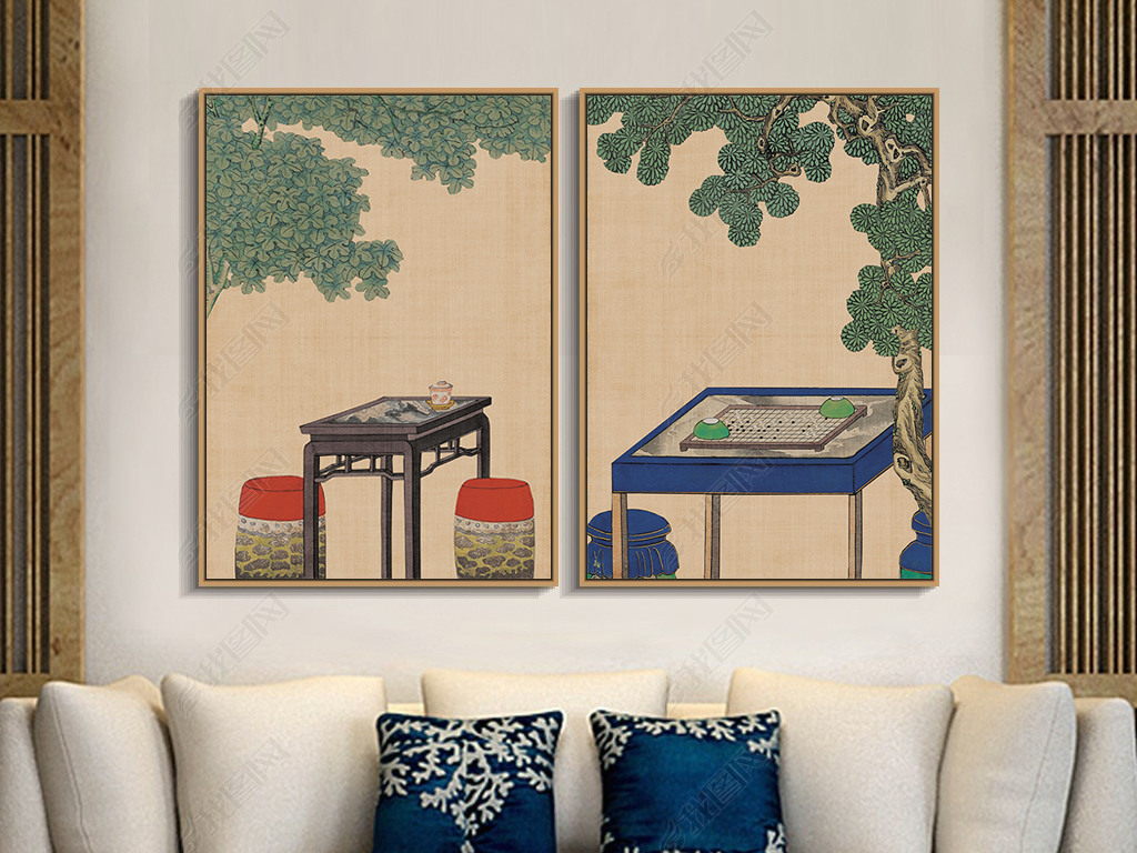 新中式红蓝工笔禅意桌子双联玄关客厅餐厅装饰画