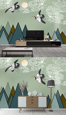 手绘新中式群山祥云飞鹤背景墙装饰画