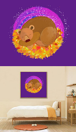 睡着卡通装饰画|紫色梦境儿童房卡通睡熊装饰画