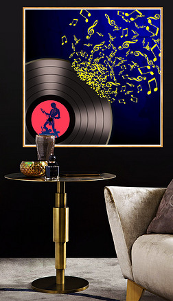 现代简约蓝色黑胶音符吉他装饰画