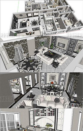 欧式新古典客厅餐厅卧室全套组合SU模型