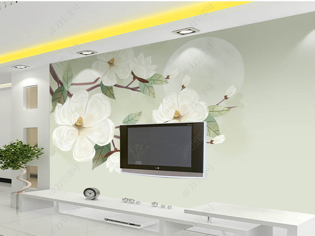 手绘清新淡雅白花现代简约电视背景墙